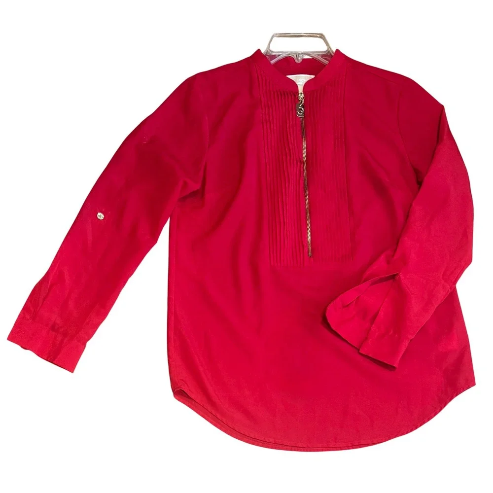 Michael Kors Women's Pleated Zip Front Roll Tab Red Blouse Size Medium